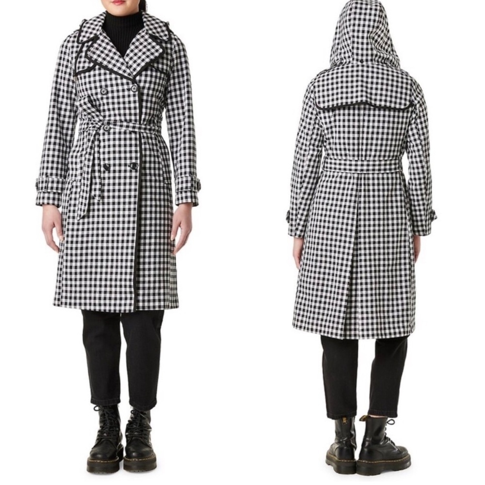 Kate Spade Black and White Gingham Checkered Trench Coat with Detachable Hood